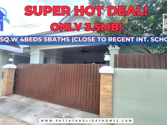 Urgent sale! Detached house in Pattaya for sale at very cheap price, near international school in the village, 4 bedrooms, 5 bathrooms.