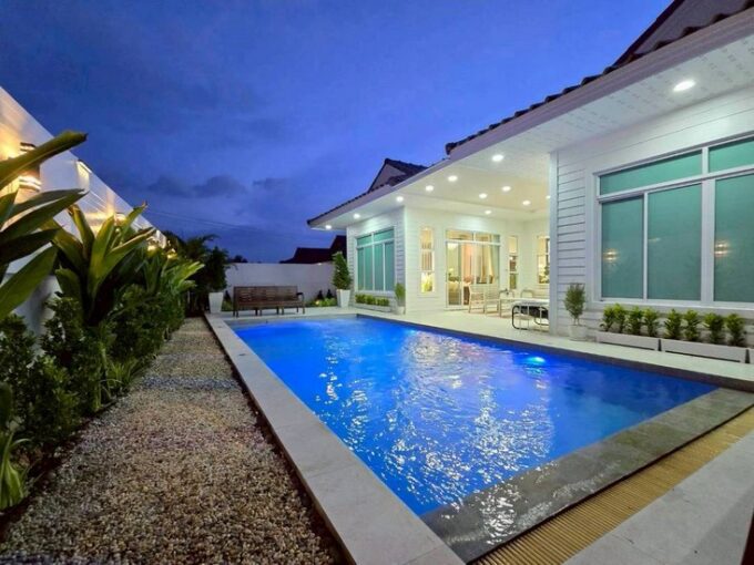 New pool villa available for immediate occupancy, ideally situated in a tranquil location near Map Prachan Reservoir, featuring 4 bedrooms and 3 bathrooms