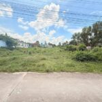 Wide view of a grassy vacant lot in a residential area with power lines overhead and houses in the background.